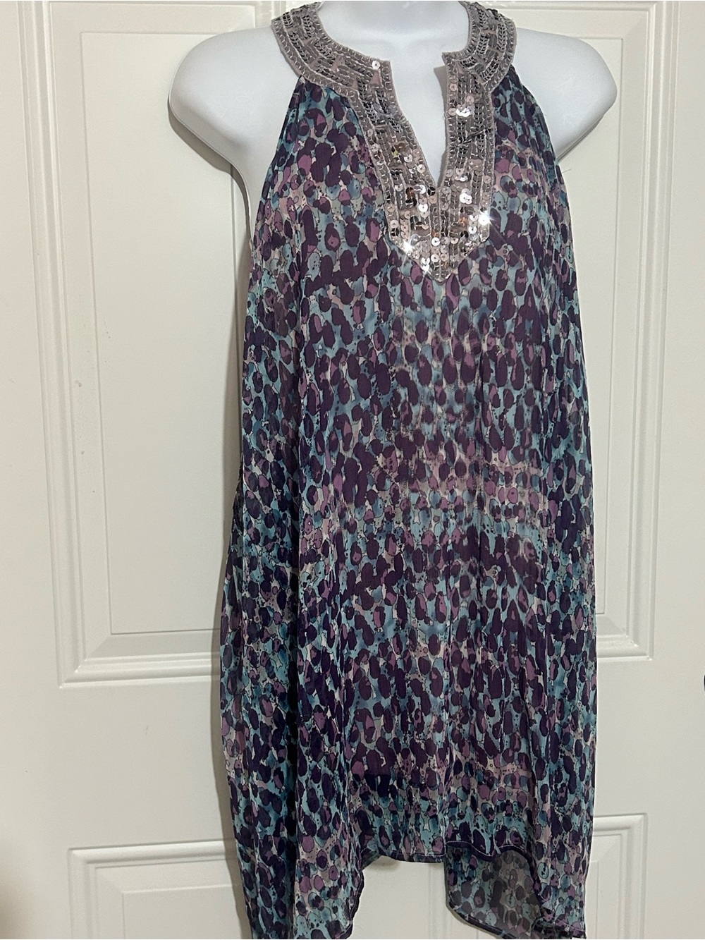 Free People Purple and Teal Printed Mini Dress with Embellished Neckline
